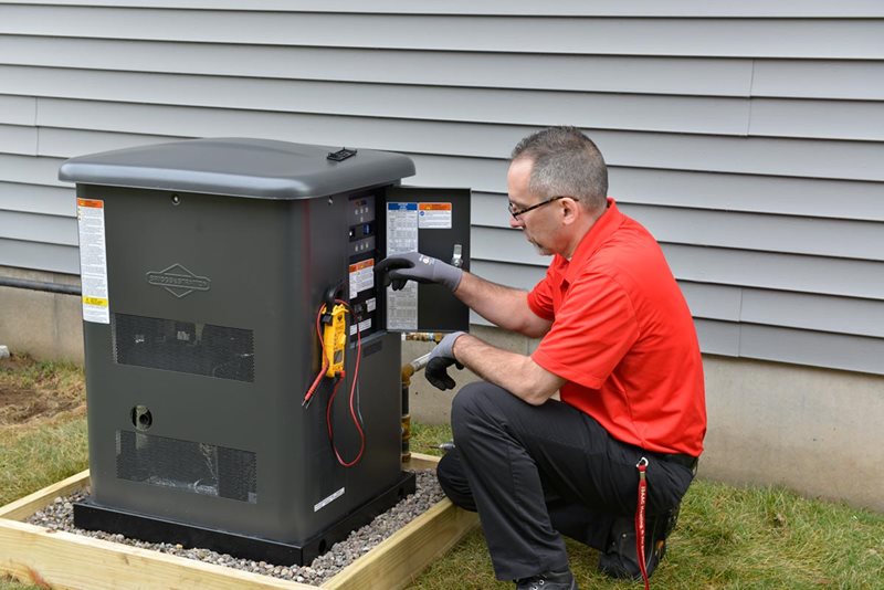 An employee doing a check on the outside generator.