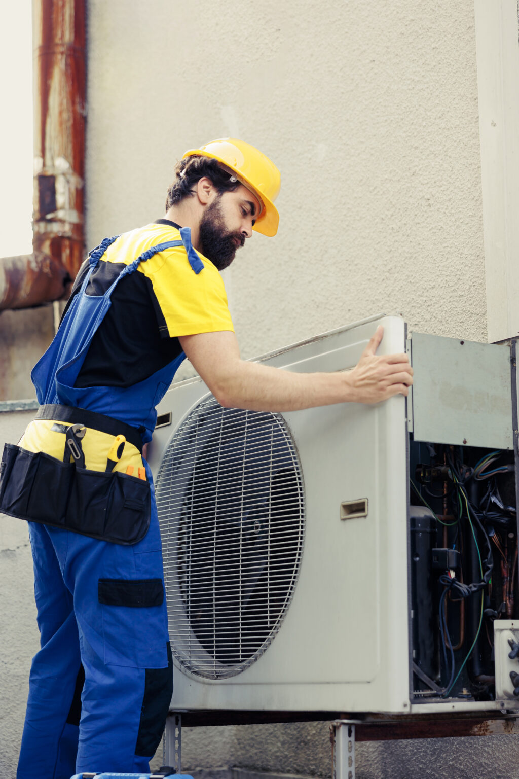 A worker inspecting an outside air conditioner to diagnose the problem