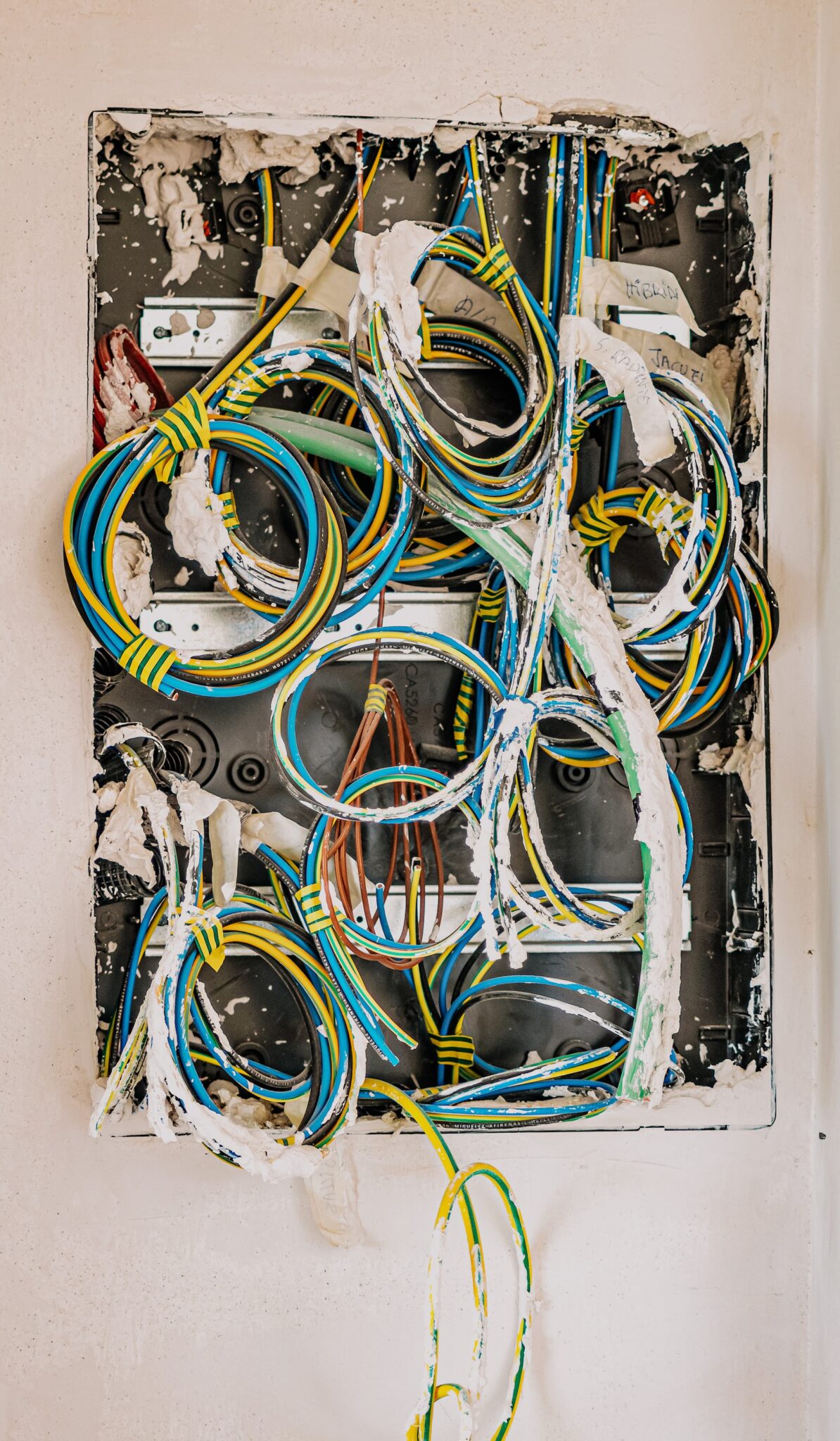 wires exposed in an open hole in a wall