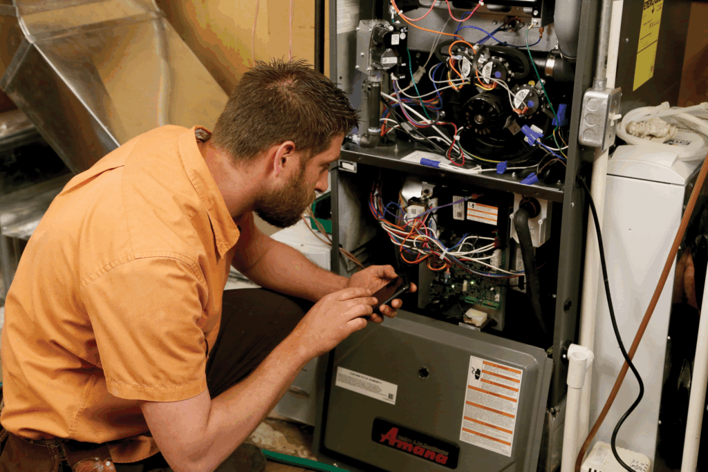 HVAC technician repairing furnace