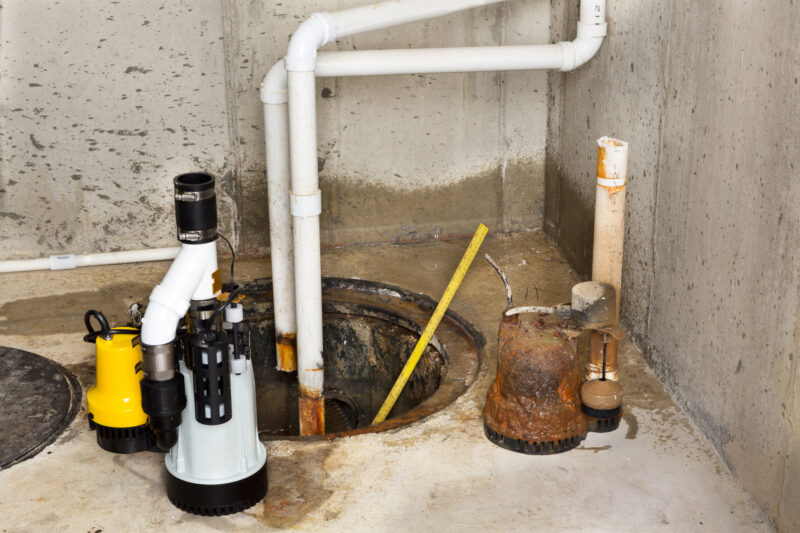 Replacing the old sump pump in a basement with a new one to drain the collected ground water from the sump or pit 